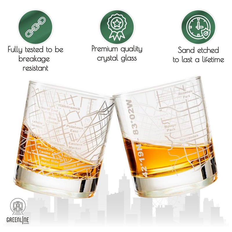 Greenline Goods Whiskey Glasses - 10 Oz Tumbler Set for Detroit, Michigan lovers, Etched with Detroit Map Old Fashioned Rocks Glass - Set of 2 - Image 3